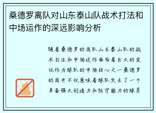 桑德罗离队对山东泰山队战术打法和中场运作的深远影响分析