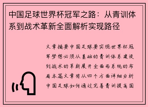中国足球世界杯冠军之路：从青训体系到战术革新全面解析实现路径